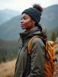 feminine woman in going hiking outdoors in mountains