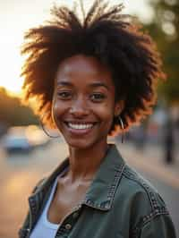 headshot of smiling woman wearing casual clothes posing for dating app headshot. outdoor blurry background. the lighting is warm, possibly from a setting sun, creating a soft glow around him, enhancing the casual and relaxed vibe of the image. the setting seems to be outdoors, likely in an urban environment, with the blurred background hinting at a street or park-like area. this image likely portrays a youthful, active, and approachable individual, possibly in a lifestyle or fashion-related context.