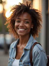 headshot of smiling woman wearing casual clothes posing for dating app headshot. outdoor blurry background. the lighting is warm, possibly from a setting sun, creating a soft glow around him, enhancing the casual and relaxed vibe of the image. the setting seems to be outdoors, likely in an urban environment, with the blurred background hinting at a street or park-like area. this image likely portrays a youthful, active, and approachable individual, possibly in a lifestyle or fashion-related context.