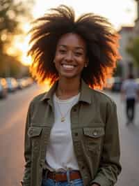 headshot of smiling woman wearing casual clothes posing for dating app headshot. outdoor blurry background. the lighting is warm, possibly from a setting sun, creating a soft glow around him, enhancing the casual and relaxed vibe of the image. the setting seems to be outdoors, likely in an urban environment, with the blurred background hinting at a street or park-like area. this image likely portrays a youthful, active, and approachable individual, possibly in a lifestyle or fashion-related context.