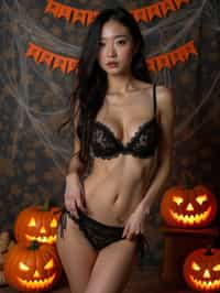 woman wearing (naughty halloween) (sexy halloween costume) (lingerie) (halloween outfit), spooky outfit posing for photo, background is halloween pumpkins and spiderwebs