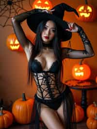 woman wearing (naughty halloween) (sexy halloween costume) (lingerie) (halloween outfit), spooky outfit posing for photo, background is halloween pumpkins and spiderwebs