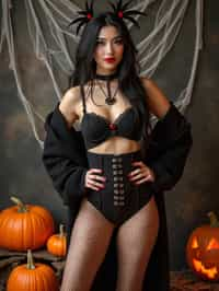 woman wearing (naughty halloween) (sexy halloween costume) (fishnet bodystockings) (halloween outfit), spooky outfit posing for photo, background is halloween pumpkins and spiderwebs