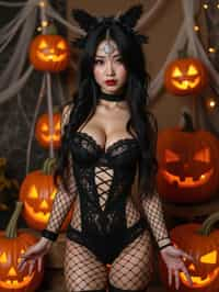 woman wearing (naughty halloween) (sexy halloween costume) (fishnet bodystockings) (halloween outfit), spooky outfit posing for photo, background is halloween pumpkins and spiderwebs