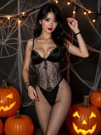 woman wearing (naughty halloween) (sexy halloween costume) (fishnet bodystockings) (halloween outfit), spooky outfit posing for photo, background is halloween pumpkins and spiderwebs