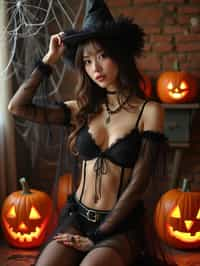 woman wearing (naughty halloween) (sexy halloween costume) (stockings) (halloween outfit), spooky outfit posing for photo, background is halloween pumpkins and spiderwebs