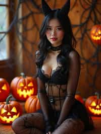 woman wearing (naughty halloween) (sexy halloween costume) (stockings) (halloween outfit), spooky outfit posing for photo, background is halloween pumpkins and spiderwebs