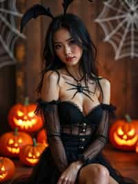 woman wearing (naughty halloween) (sexy halloween costume) (halloween outfit), spooky outfit posing for photo, background is halloween pumpkins and spiderwebs