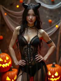 woman wearing (naughty halloween) (sexy halloween costume) (halloween outfit), spooky outfit posing for photo, background is halloween pumpkins and spiderwebs