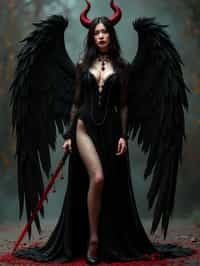 a woman dressed as an angel poses for a picture, dark angel, angel knight gothic girl, dark gothic dress, very sexy devil outfit, full body devil woman, gothic woman dressed in black and red, megan fox witch queen, raven winged female vampire, villainess has black angel wings, gothic outfit, tall female angel, gothic dress, fallen angel, winged woman angel, fishnet stockings