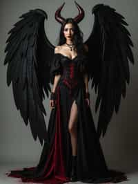 a woman dressed as an angel poses for a picture, dark angel, angel knight gothic girl, dark gothic dress, very sexy devil outfit, full body devil woman, gothic woman dressed in black and red, megan fox witch queen, raven winged female vampire, villainess has black angel wings, gothic outfit, tall female angel, gothic dress, fallen angel, winged woman angel, fishnet stockings