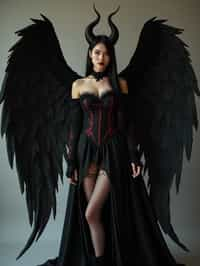 a woman dressed as an angel poses for a picture, dark angel, angel knight gothic girl, dark gothic dress, very sexy devil outfit, full body devil woman, gothic woman dressed in black and red, megan fox witch queen, raven winged female vampire, villainess has black angel wings, gothic outfit, tall female angel, gothic dress, fallen angel, winged woman angel, fishnet stockings