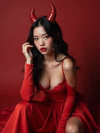 woman wearing (naughty halloween) (sexy halloween costume) red devil outfit posing for photo