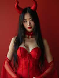 woman wearing (naughty halloween) (sexy halloween costume) red devil outfit posing for photo