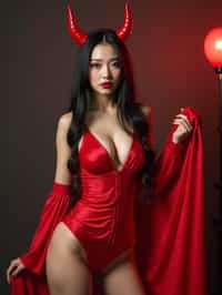 woman wearing (naughty halloween) (sexy halloween costume) red devil outfit posing for photo