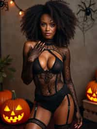 woman wearing (naughty halloween) (sexy halloween costume) (lingerie) (halloween outfit), spooky outfit posing for photo, background is halloween pumpkins and spiderwebs