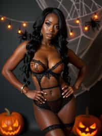 woman wearing (naughty halloween) (sexy halloween costume) (lingerie) (halloween outfit), spooky outfit posing for photo, background is halloween pumpkins and spiderwebs