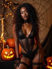 woman wearing (naughty halloween) (sexy halloween costume) (lingerie) (halloween outfit), spooky outfit posing for photo, background is halloween pumpkins and spiderwebs