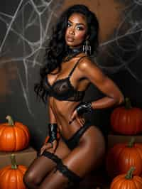 woman wearing (naughty halloween) (sexy halloween costume) (lingerie) (halloween outfit), spooky outfit posing for photo, background is halloween pumpkins and spiderwebs