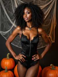 woman wearing (naughty halloween) (sexy halloween costume) (fishnet bodystockings) (halloween outfit), spooky outfit posing for photo, background is halloween pumpkins and spiderwebs