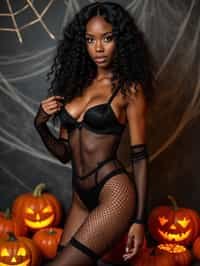 woman wearing (naughty halloween) (sexy halloween costume) (fishnet bodystockings) (halloween outfit), spooky outfit posing for photo, background is halloween pumpkins and spiderwebs