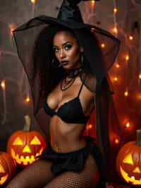 woman wearing (naughty halloween) (sexy halloween costume) (fishnet bodystockings) (halloween outfit), spooky outfit posing for photo, background is halloween pumpkins and spiderwebs