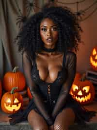 woman wearing (naughty halloween) (sexy halloween costume) (fishnet bodystockings) (halloween outfit), spooky outfit posing for photo, background is halloween pumpkins and spiderwebs