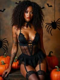 woman wearing (naughty halloween) (sexy halloween costume) (stockings) (halloween outfit), spooky outfit posing for photo, background is halloween pumpkins and spiderwebs