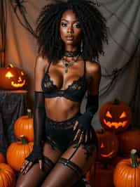 woman wearing (naughty halloween) (sexy halloween costume) (stockings) (halloween outfit), spooky outfit posing for photo, background is halloween pumpkins and spiderwebs