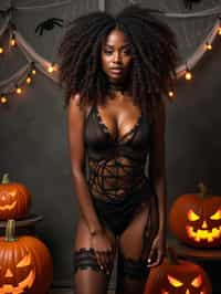 woman wearing (naughty halloween) (sexy halloween costume) (stockings) (halloween outfit), spooky outfit posing for photo, background is halloween pumpkins and spiderwebs