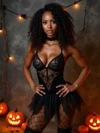 woman wearing (naughty halloween) (sexy halloween costume) (stockings) (halloween outfit), spooky outfit posing for photo, background is halloween pumpkins and spiderwebs