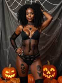 woman wearing (naughty halloween) (sexy halloween costume) (halloween outfit), spooky outfit posing for photo, background is halloween pumpkins and spiderwebs