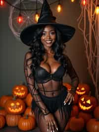 woman wearing (naughty halloween) (sexy halloween costume) (halloween outfit), spooky outfit posing for photo, background is halloween pumpkins and spiderwebs