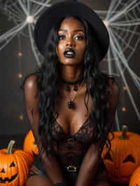 woman wearing (naughty halloween) (sexy halloween costume) (halloween outfit), spooky outfit posing for photo, background is halloween pumpkins and spiderwebs