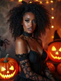 woman wearing (naughty halloween) (sexy halloween costume) (halloween outfit), spooky outfit posing for photo, background is halloween pumpkins and spiderwebs