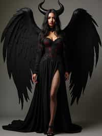 a woman dressed as an angel poses for a picture, dark angel, angel knight gothic girl, dark gothic dress, very sexy devil outfit, full body devil woman, gothic woman dressed in black and red, megan fox witch queen, raven winged female vampire, villainess has black angel wings, gothic outfit, tall female angel, gothic dress, fallen angel, winged woman angel, fishnet stockings