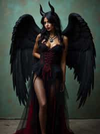 a woman dressed as an angel poses for a picture, dark angel, angel knight gothic girl, dark gothic dress, very sexy devil outfit, full body devil woman, gothic woman dressed in black and red, megan fox witch queen, raven winged female vampire, villainess has black angel wings, gothic outfit, tall female angel, gothic dress, fallen angel, winged woman angel, fishnet stockings