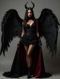 a woman dressed as an angel poses for a picture, dark angel, angel knight gothic girl, dark gothic dress, very sexy devil outfit, full body devil woman, gothic woman dressed in black and red, megan fox witch queen, raven winged female vampire, villainess has black angel wings, gothic outfit, tall female angel, gothic dress, fallen angel, winged woman angel, fishnet stockings