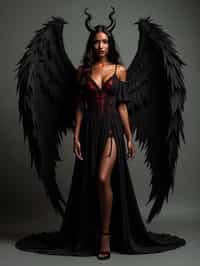 a woman dressed as an angel poses for a picture, dark angel, angel knight gothic girl, dark gothic dress, very sexy devil outfit, full body devil woman, gothic woman dressed in black and red, megan fox witch queen, raven winged female vampire, villainess has black angel wings, gothic outfit, tall female angel, gothic dress, fallen angel, winged woman angel, fishnet stockings