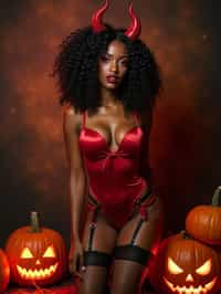 a woman wearing sexy halloween costume, (silk red bodysuit), stockings, red devil, red devil horns, lingerie, fishnets, spiderwebs, pumpkins, (camera flash light)