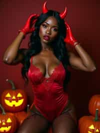 a woman wearing sexy halloween costume, (silk red bodysuit), stockings, red devil, red devil horns, lingerie, fishnets, spiderwebs, pumpkins, (camera flash light)