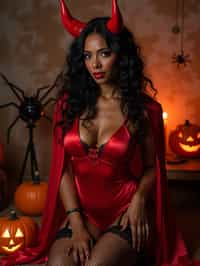 a woman wearing sexy halloween costume, (silk red bodysuit), stockings, red devil, red devil horns, lingerie, fishnets, spiderwebs, pumpkins, (camera flash light)