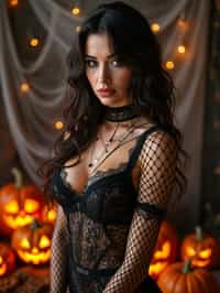 woman wearing (naughty halloween) (sexy halloween costume) (fishnet bodystockings) (halloween outfit), spooky outfit posing for photo, background is halloween pumpkins and spiderwebs