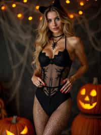 woman wearing (naughty halloween) (sexy halloween costume) (fishnet bodystockings) (halloween outfit), spooky outfit posing for photo, background is halloween pumpkins and spiderwebs