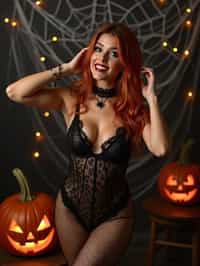 woman wearing (naughty halloween) (sexy halloween costume) (fishnet bodystockings) (halloween outfit), spooky outfit posing for photo, background is halloween pumpkins and spiderwebs