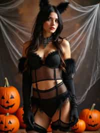 woman wearing (naughty halloween) (sexy halloween costume) (stockings) (halloween outfit), spooky outfit posing for photo, background is halloween pumpkins and spiderwebs