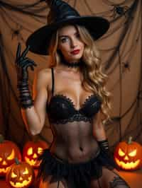 woman wearing (naughty halloween) (sexy halloween costume) (stockings) (halloween outfit), spooky outfit posing for photo, background is halloween pumpkins and spiderwebs