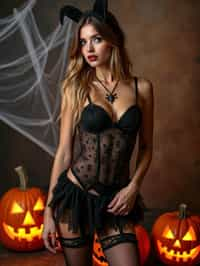 woman wearing (naughty halloween) (sexy halloween costume) (stockings) (halloween outfit), spooky outfit posing for photo, background is halloween pumpkins and spiderwebs