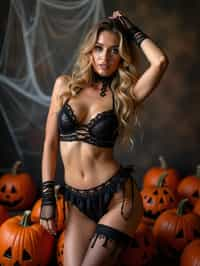 woman wearing (naughty halloween) (sexy halloween costume) (halloween outfit), spooky outfit posing for photo, background is halloween pumpkins and spiderwebs