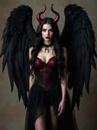 a woman dressed as an angel poses for a picture, dark angel, angel knight gothic girl, dark gothic dress, very sexy devil outfit, full body devil woman, gothic woman dressed in black and red, megan fox witch queen, raven winged female vampire, villainess has black angel wings, gothic outfit, tall female angel, gothic dress, fallen angel, winged woman angel, fishnet stockings